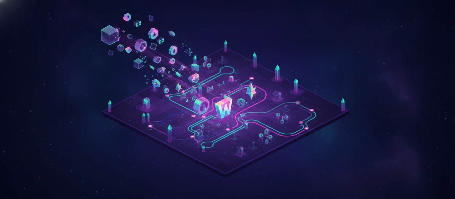 Abstract glowing grid drifting through deep space, representing random spin outcomes