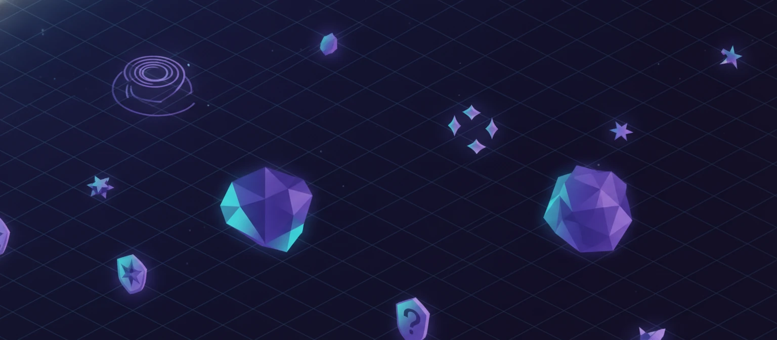 Atmospheric concept art of glowing atom clusters on a dark grid