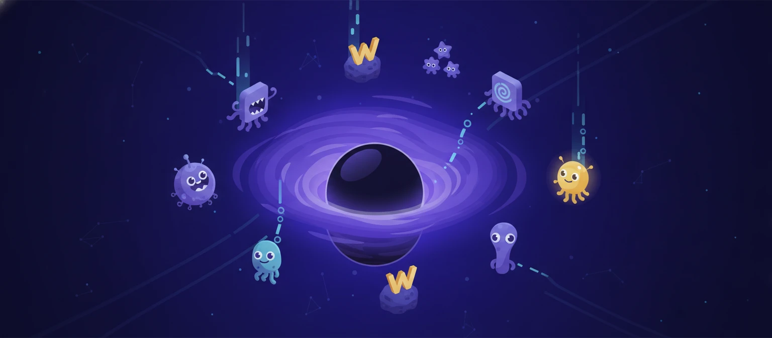 Cartoon alien creatures drifting in front of a spiralling cosmic black hole