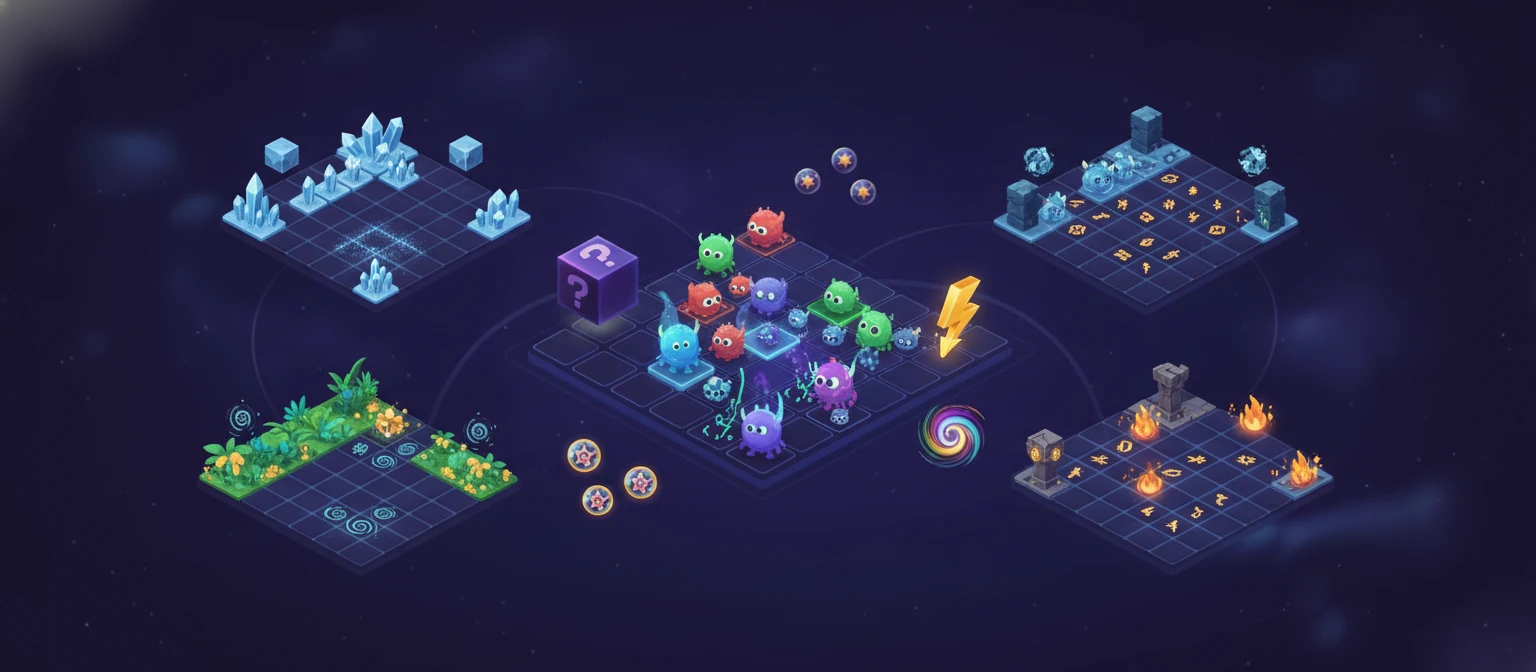 Several distinct cascade-style slot worlds shown side by side as comparable games
